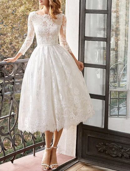 A-Line Party Dresses Elegant Dress Wedding Guest Homecoming Tea Length Long Sleeve Jewel Neck Polyester Backless with Appliques