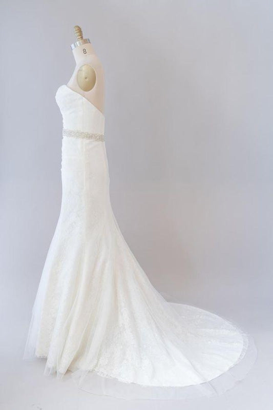 Awesome Ruffle Strapless Lace Sheath Wedding Dress