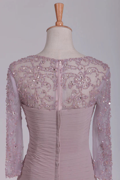 Beaded Ruched 3/4 Length Sleeves Sheath Chiffon Mother Of The Bride Dresses