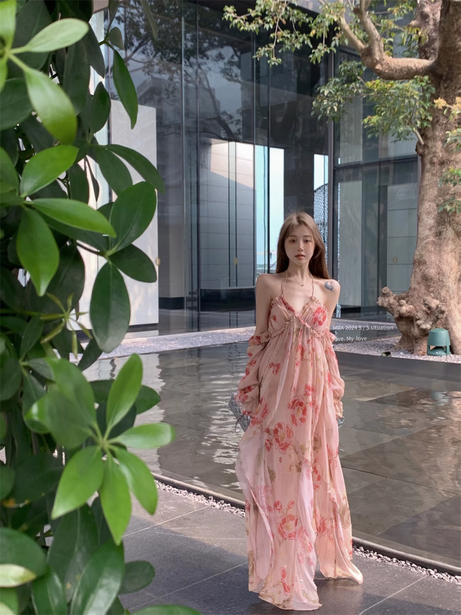 Fashion Pink Off-the-shoulder Design A-line Floral Dress HZ1024