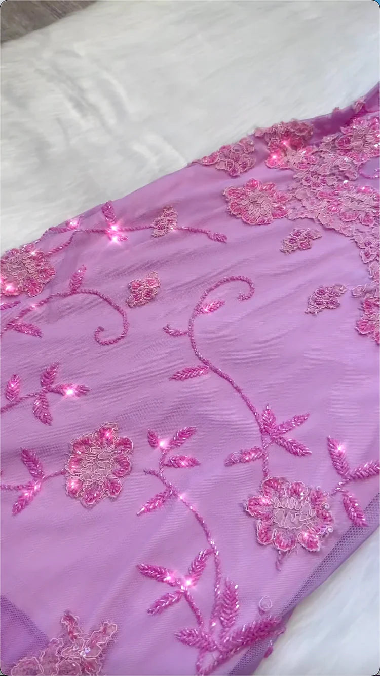 Pink Fashion Exquisite Beaded Spaghetti Strap A-Line Lace Floor Length Elegant Ball Gown Evening Dress gh3168