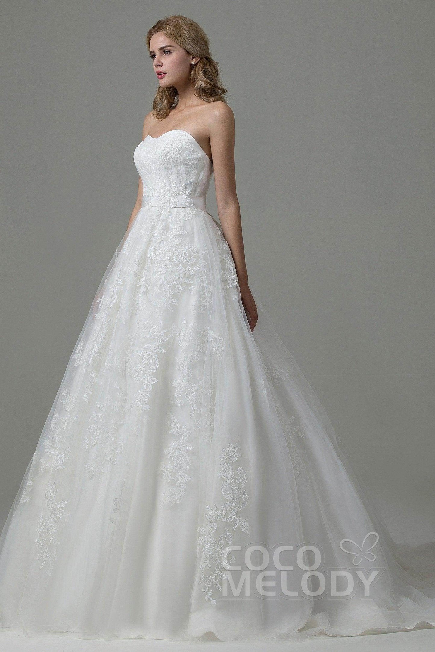 A-Line Court Train Tulle and Lace Wedding Dress B14E3A024
