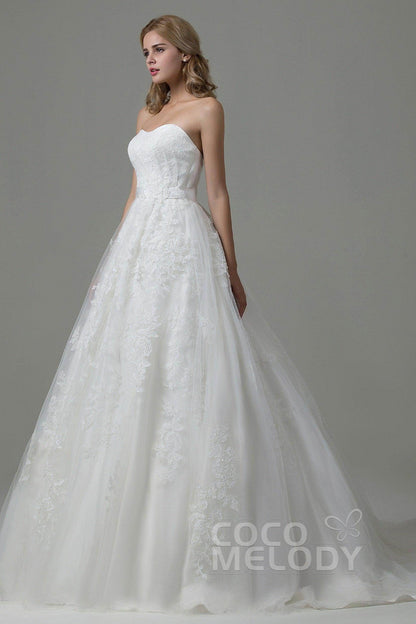 A-Line Court Train Tulle and Lace Wedding Dress B14E3A024