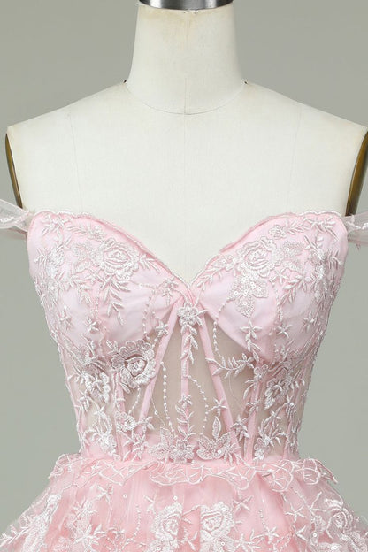 Vintage Pink Floral Embroidery Design A-line Off-the-shoulder Tiered Homecoming Dress HZ1024