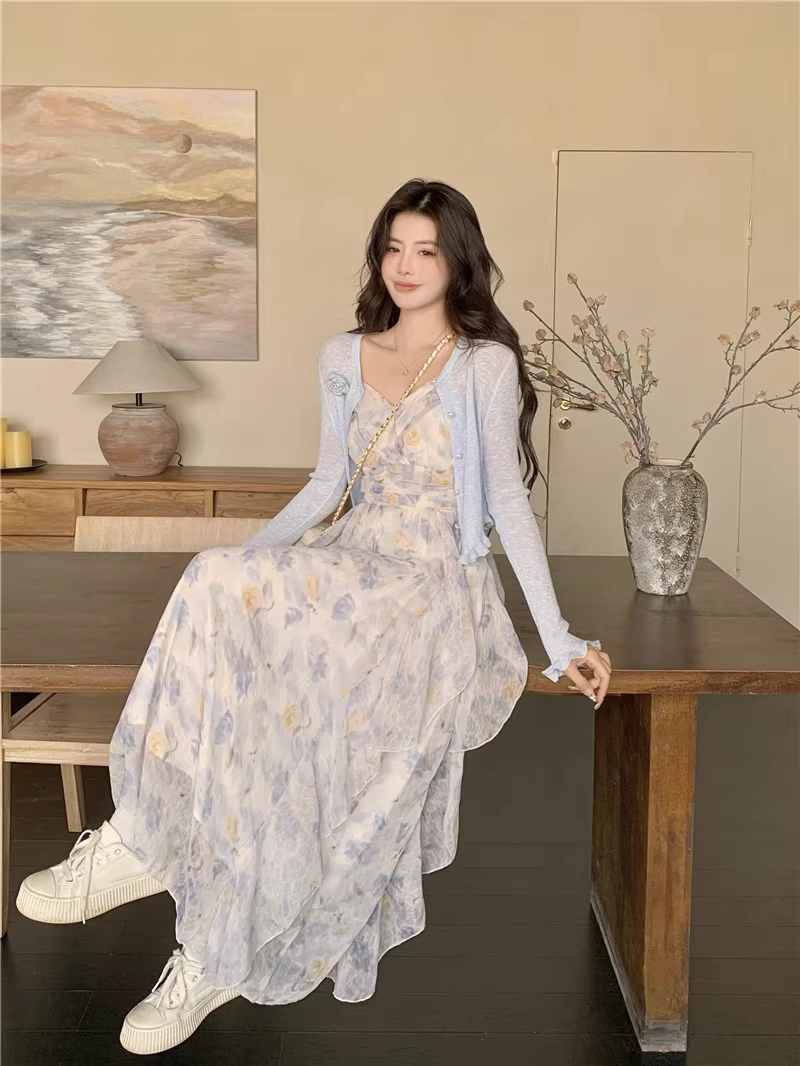 New Fashion Elegant Floral Chiffon Spaghetti Strap Dress HZ1024
