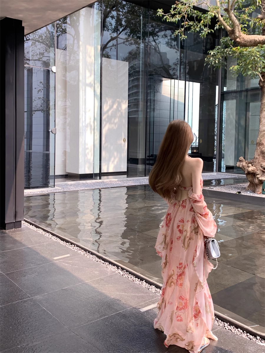 Fashion Pink Off-the-shoulder Design A-line Floral Dress HZ1024