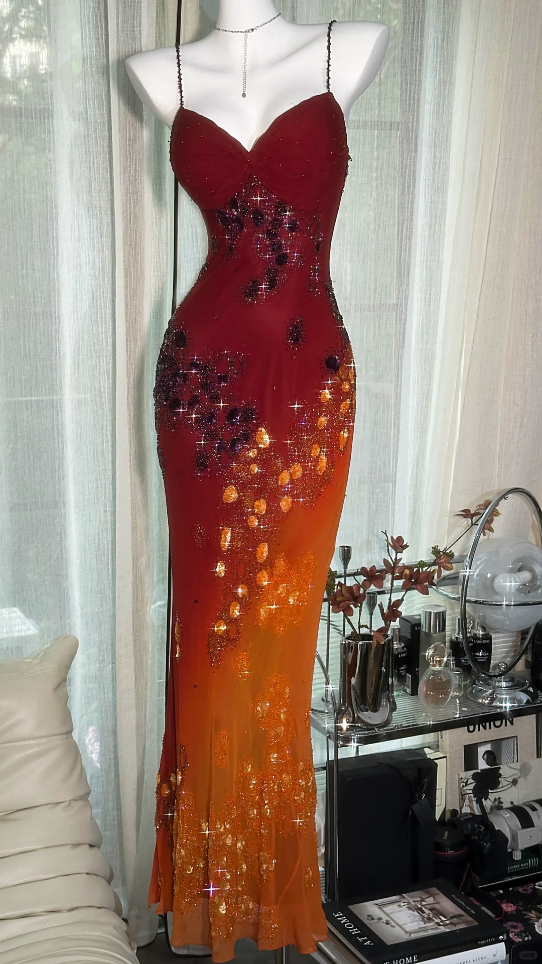 Vintage Beaded Sparkling Long Chiffon Spaghetti Strap Luxury Ball Gown Evening Dress Prom Dresses HZ1024