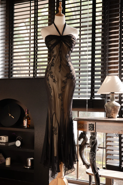Vintage Black Applique Design Elegant Chiffon Evening Dress Prom Dress HZ1024