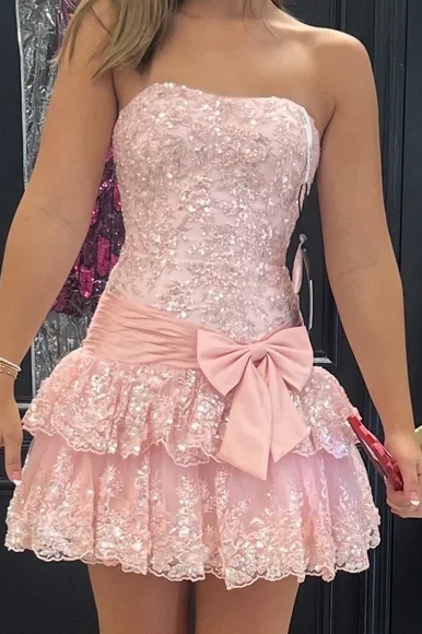 Cute Strapless A-Line Sequins Appliques Short Homecoming Dress with Ruffles