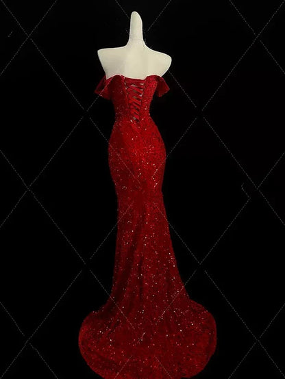 Enchanting Shiny Sequin Sweetheart Off-the-shoulder Mermaid Floor-length High Slit Prom Dress Evening Dress HZ1024