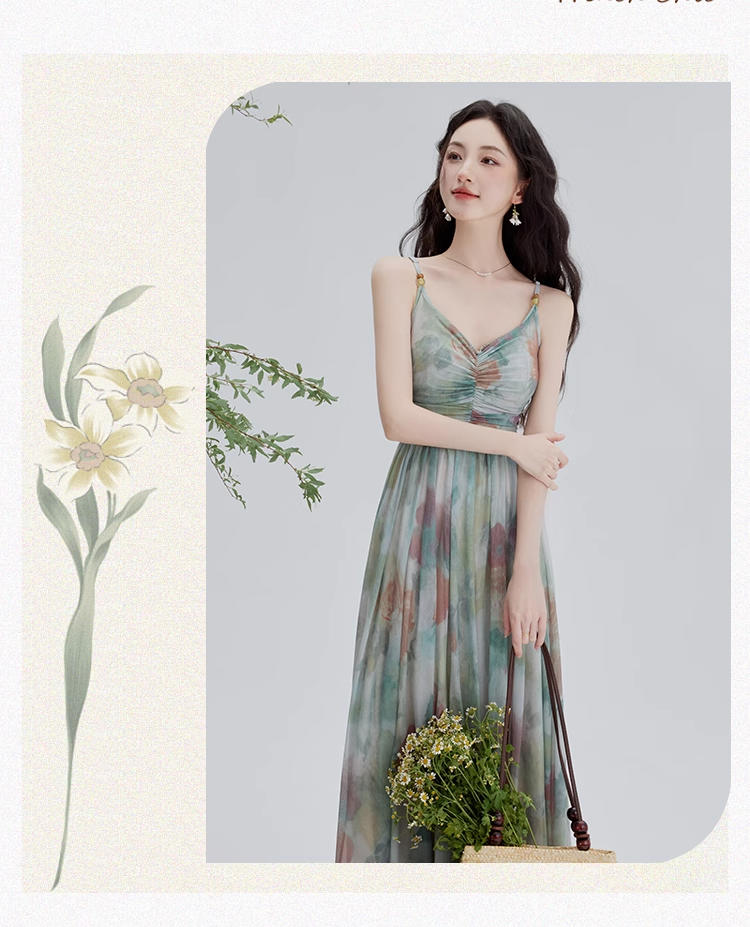 Vintage Fashion Floral Print Design Long-sleeved Cardigan A-line Long Spaghetti Strap Dress HZ1024