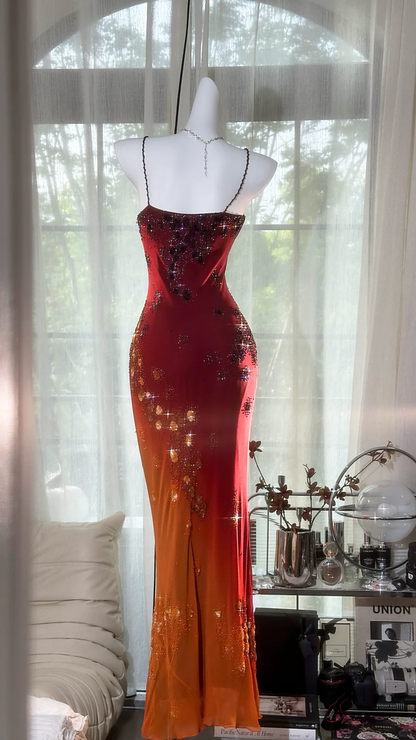 Vintage Beaded Sparkling Long Chiffon Spaghetti Strap Luxury Ball Gown Evening Dress Prom Dresses HZ1024