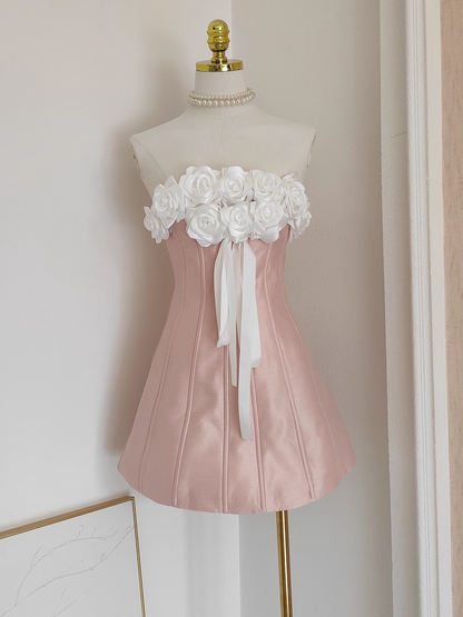Vintage 3D Flowers Strapless A-Line Lace-up Satin Homecoming Dress Party Dress Short Cocktail Dress HZ1024