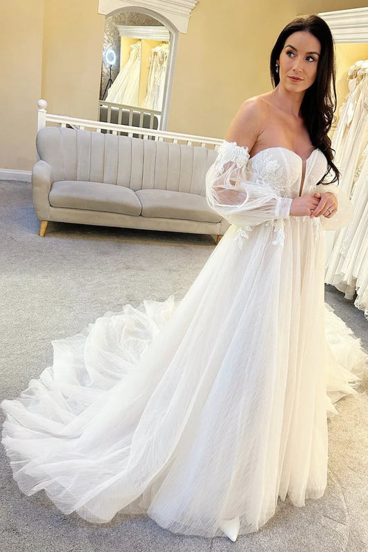 Tulle A-Line Long Wedding Dress with Balloon Sleeves