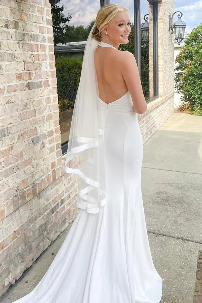 Halter Mermaid Long Wedding Dress with Slit