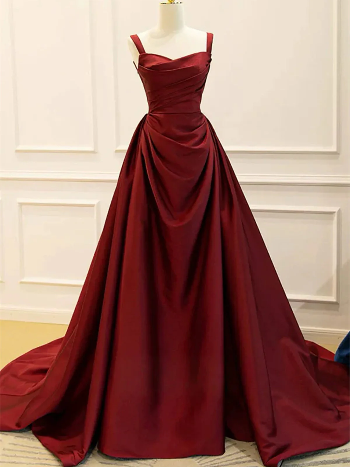 Wine Red Satin Straps Party Dress Long A line Evening Gowns Elegant