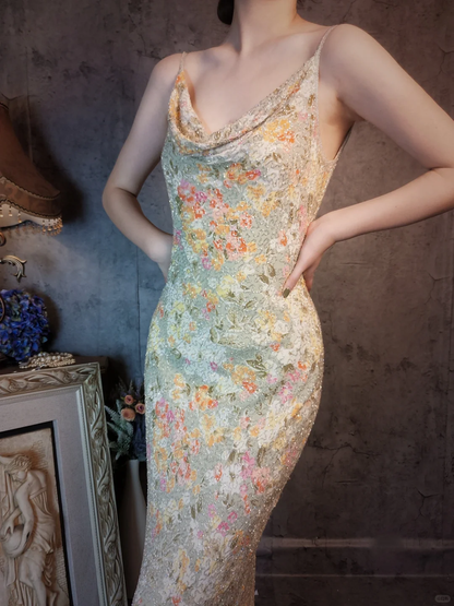 Vintage Floral Spaghetti Strap Sparkling Beaded Design Romantic Chiffon Evening Dress Prom Dress HZ1024