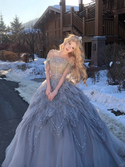 Gorgeous Glittering Sequined Beaded Off-the-shoulder Tulle Sweet 16 Quinceanera A-Line Evening Dress Ball Gown HZ1024