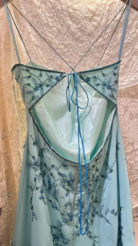 Vintage Gradient Blue Beaded Evening Gown Sheath Spaghetti Strap Party Dress Long Formal Dress HZ1024