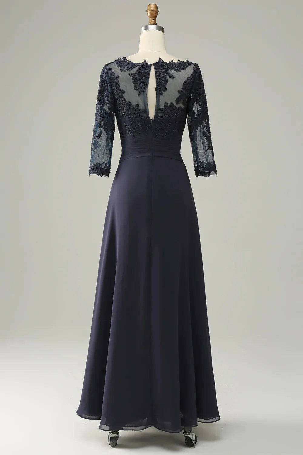 Asymmetric navy blue long sleeved bridal mother dress