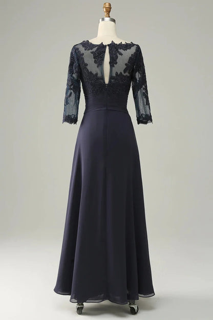 Asymmetric navy blue long sleeved bridal mother dress