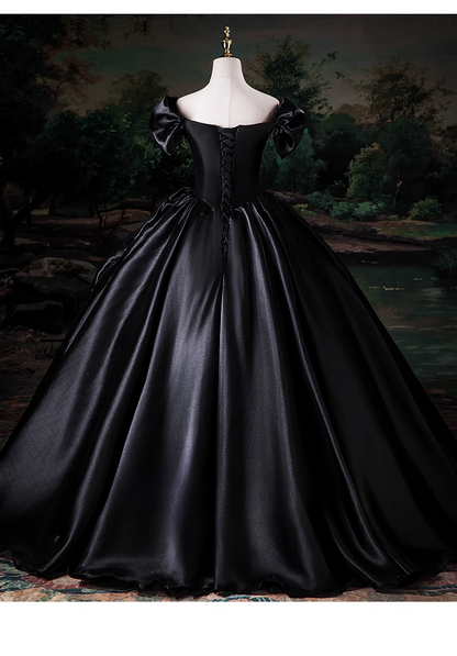 Elegant Black Satin Sweet 16 Quinceanera A-Line Off-the-shoulder Evening Dress Ruffled Ball Gown HZ1024