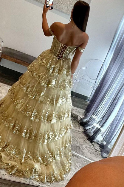 Leona |Princess Off the Shoulder Sequined Lace Prom Dress