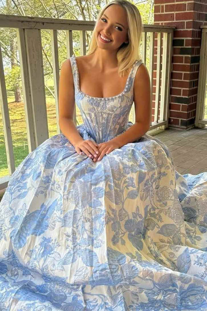 Pink A-Line Square Neck Empire-Waist Jacquard Long Prom Dress with Pearls