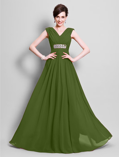 A-Line Mother of the Bride Dress Open Back V Neck Floor Length Chiffon Sleeveless with Beading Side Draping