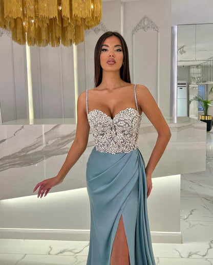 Baby Blue Prom Dress with High Slit Spaghetti Straps Sweetheart Neckline and Appliques