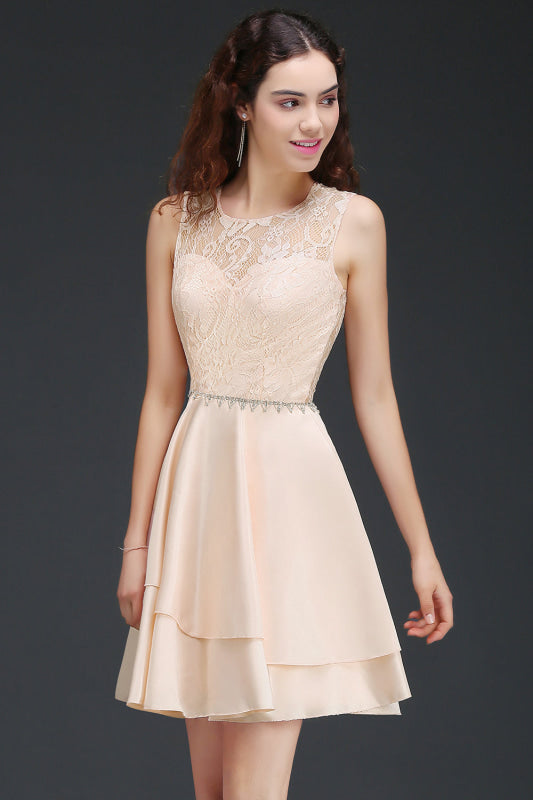 Backless Jewel Neck Short Pink Bridesmaid Dresses with Beadings