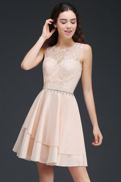 Backless Jewel Neck Short Pink Bridesmaid Dresses with Beadings