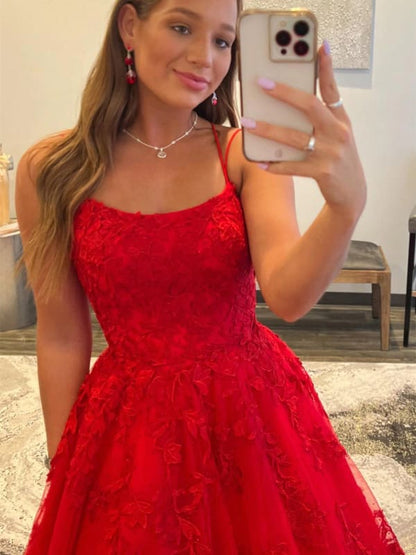 Backless Red Tulle Lace Long Prom Dresses, Red Lace Formal Evening Dresses, Red Ball Gown