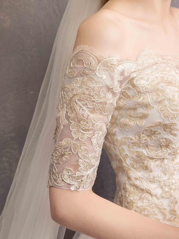 Ball Gown Wedding Dresses Off Shoulder Floor Length Tulle Lace Over Satin Half Sleeve Glamorous Illusion Detail