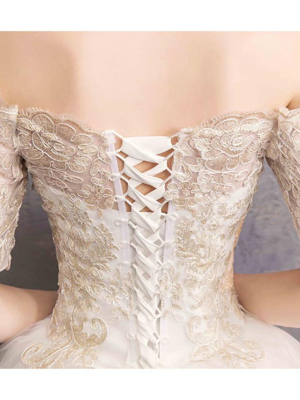 Ball Gown Wedding Dresses Off Shoulder Floor Length Tulle Lace Over Satin Half Sleeve Glamorous Illusion Detail