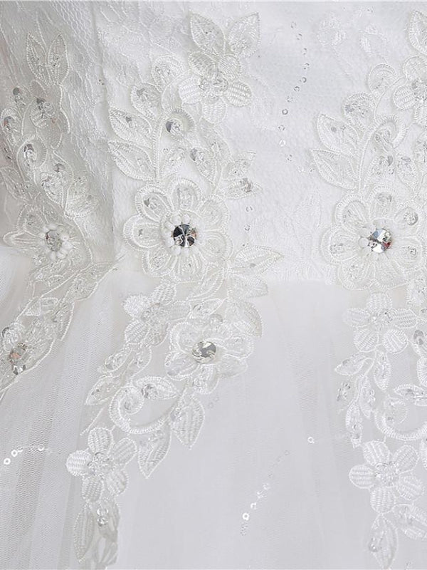 Ball Gown Wedding Dresses Scoop Neck Floor Length Satin Tulle Cap Sleeve Romantic See-Through Backless