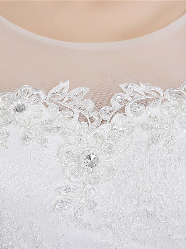 Ball Gown Wedding Dresses Scoop Neck Floor Length Satin Tulle Cap Sleeve Romantic See-Through Backless