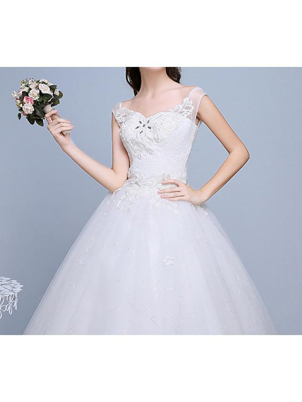 Ball Gown Wedding Dresses Sweetheart Neckline Floor Length Lace Tulle Polyester Sleeveless Romantic Glamorous Sexy
