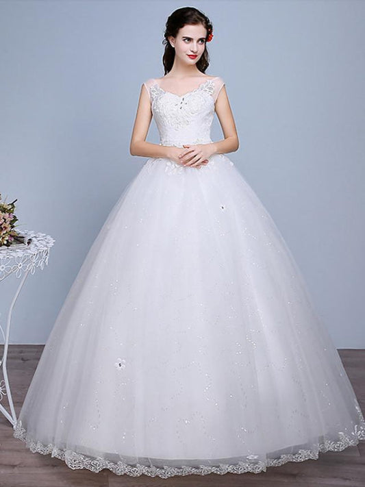 Ball Gown Wedding Dresses Sweetheart Neckline Floor Length Lace Tulle Polyester Sleeveless Romantic Glamorous Sexy