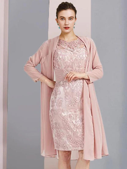 Two Piece Sheath / Column Mother of the Bride Dress Formal Wedding Guest Elegant Scoop Neck Knee Length Chiffon Lace Sleeveless Jacket Dresses with Beading