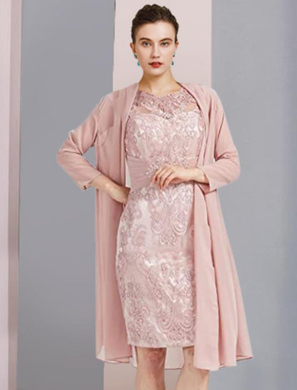 Aimishang  Two Piece Sheath / Column Mother of the Bride Dress Formal Wedding Guest Elegant Scoop Neck Knee Length Chiffon Lace Sleeveless Jacket Dresses with Beading Appliques