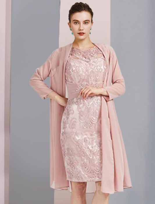 Aimishang  Two Piece Sheath / Column Mother of the Bride Dress Formal Wedding Guest Elegant Scoop Neck Knee Length Chiffon Lace Sleeveless Jacket Dresses with Beading Appliques