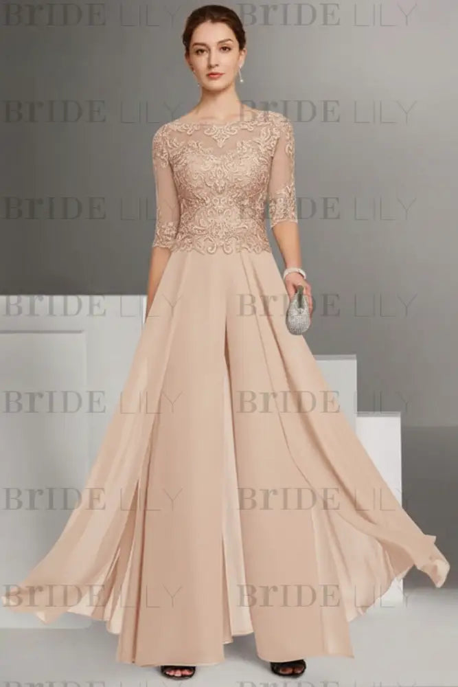 Bateau Neck Floor Length Chiffon Jumpsuit Half Sleeves Mother of the Bride Outfit with Appliques