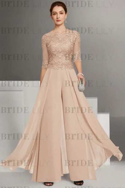 Bateau Neck Floor Length Chiffon Jumpsuit Half Sleeves Mother of the Bride Outfit with Appliques