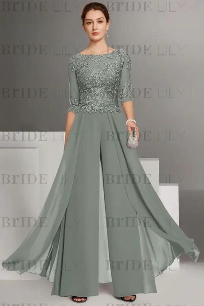 Bateau Neck Floor Length Chiffon Jumpsuit Half Sleeves Mother of the Bride Outfit with Appliques