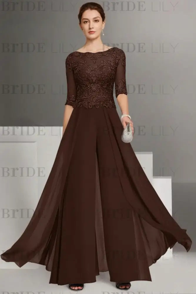 Bateau Neck Floor Length Chiffon Jumpsuit Half Sleeves Mother of the Bride Outfit with Appliques