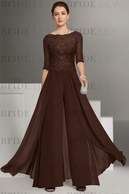Bateau Neck Floor Length Chiffon Jumpsuit Half Sleeves Mother of the Bride Outfit with Appliques