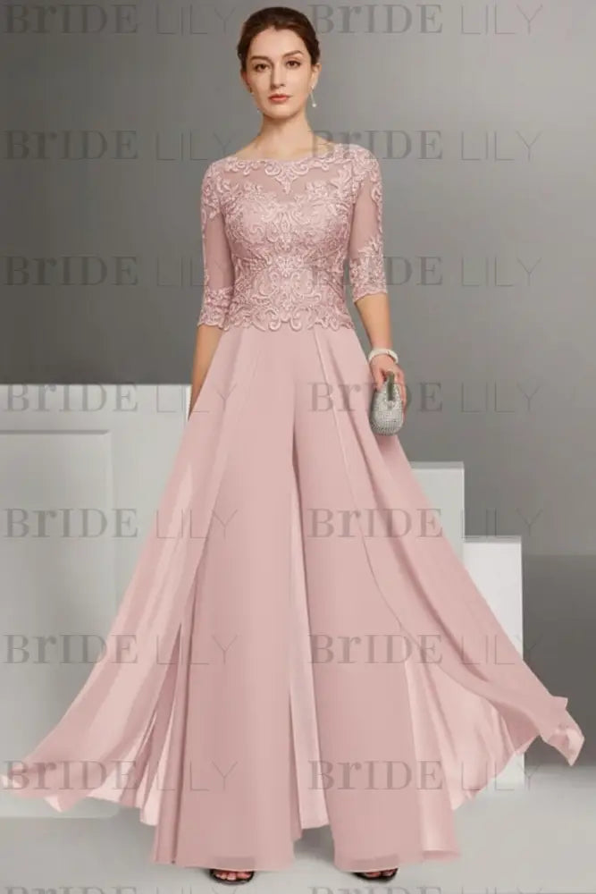Bateau Neck Floor Length Chiffon Jumpsuit Half Sleeves Mother of the Bride Outfit with Appliques
