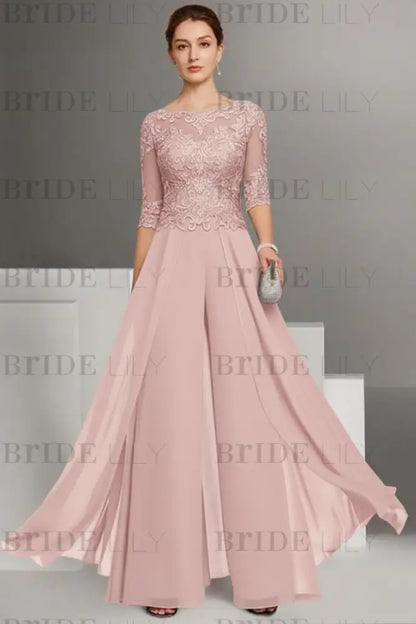 Bateau Neck Floor Length Chiffon Jumpsuit Half Sleeves Mother of the Bride Outfit with Appliques