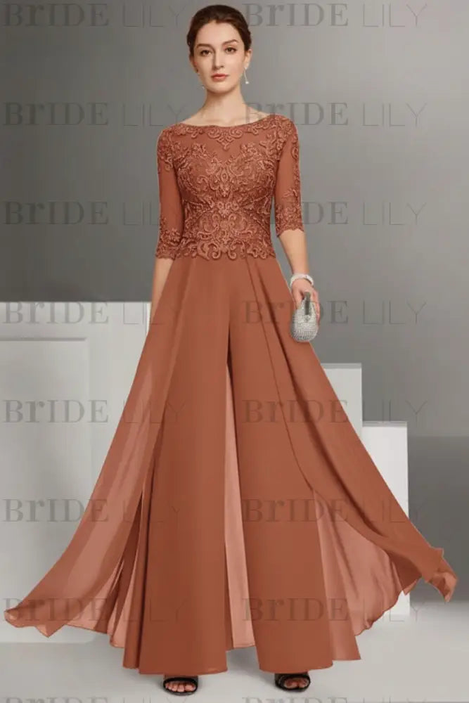 Bateau Neck Floor Length Chiffon Jumpsuit Half Sleeves Mother of the Bride Outfit with Appliques